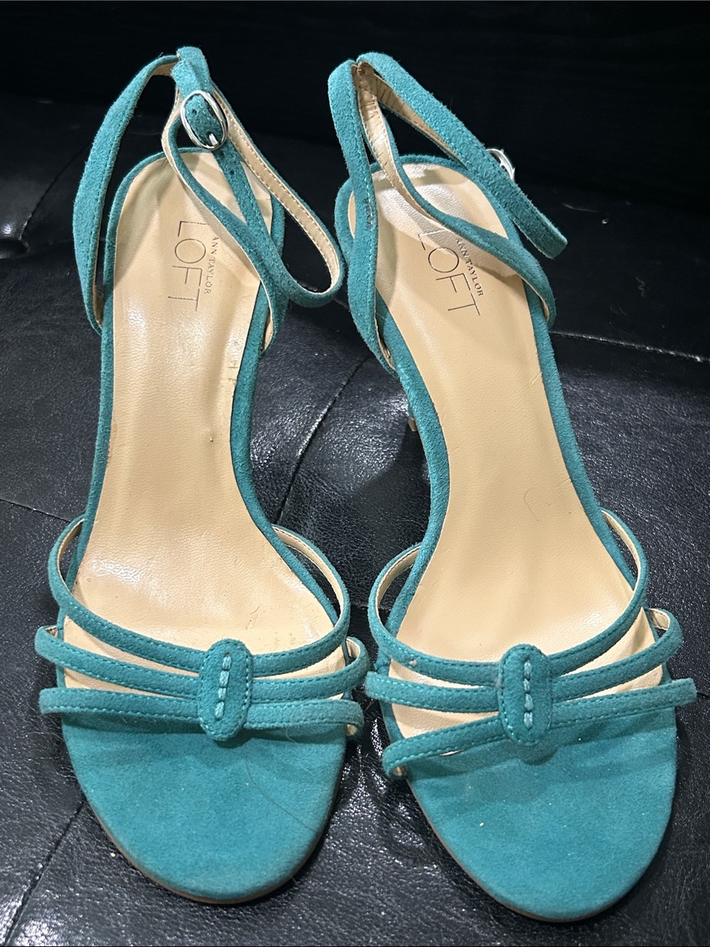 LOFT Y2K Teal Suede Strappy Ankle-Heel Sandals Never Worn